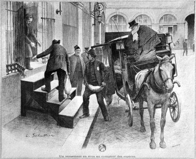 A deposit of crowns at the cash counter, engraved by Chaivire, 1897 by Louis Remy Sabattier